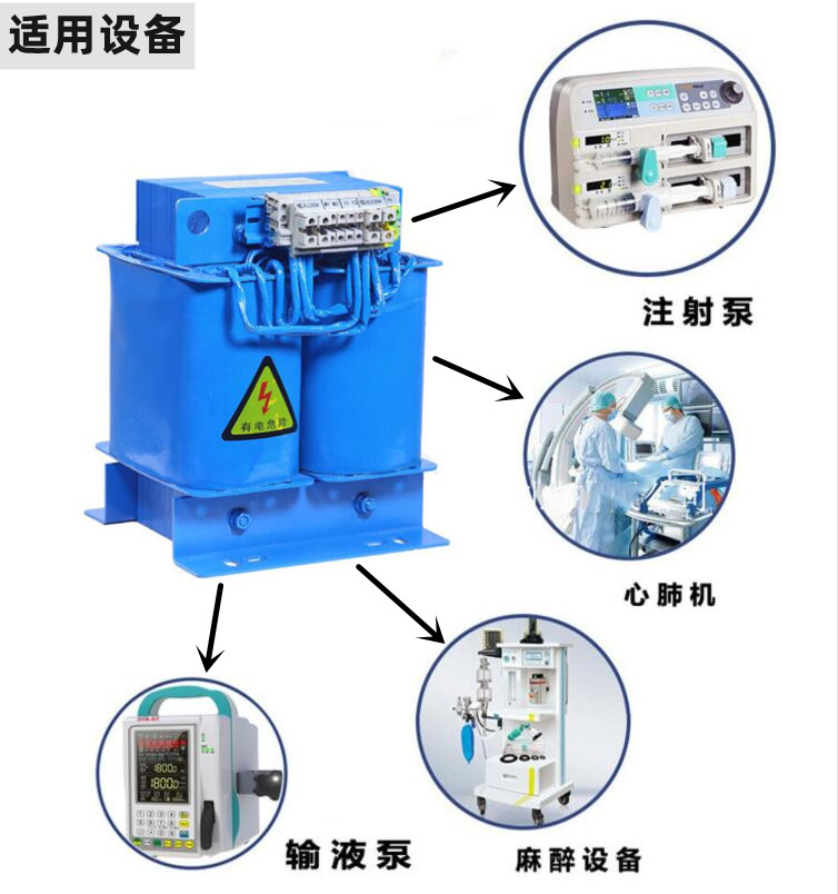 醫用隔離變壓器主要適用于注射泵，心脈機，麻醉設備、輸液泵等醫療設備